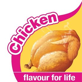 A graphic showing a picture of a cooked chicken with text around it saying "Chicken flavour for life"