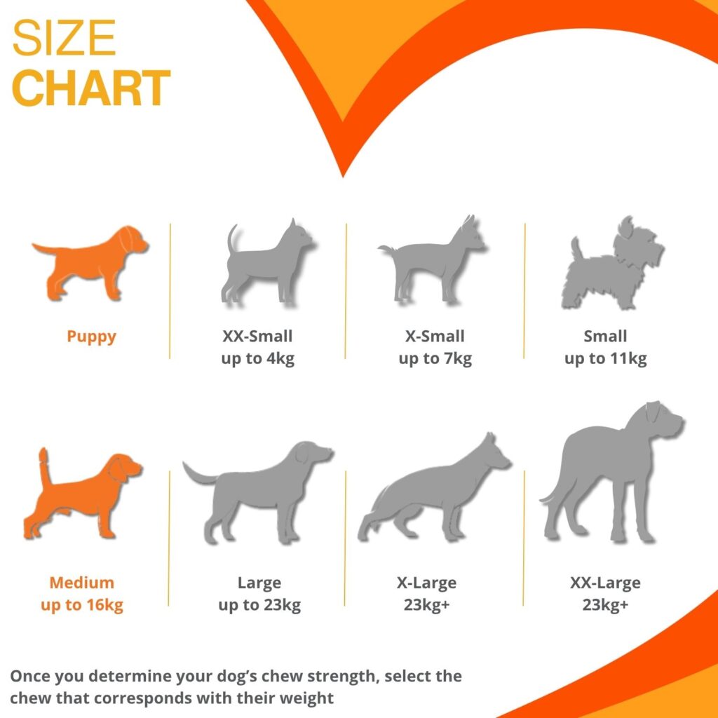 size chart graphic showing that this product is suitable for medium puppies up to 16kg in weight