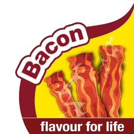 A graphic showing a picture of cooked bacon with text around it saying "Bacon flavour for life"