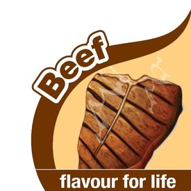 A graphic showing a picture of cooked steak with text around it saying "Beef flavour for life"