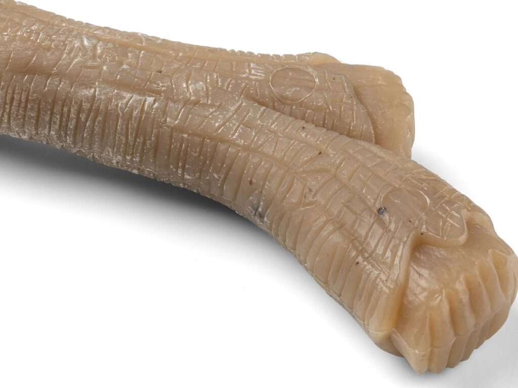 Nylabone Peanut Butter MAX Strong Gourmet Stick close up to see the chunks of flavour