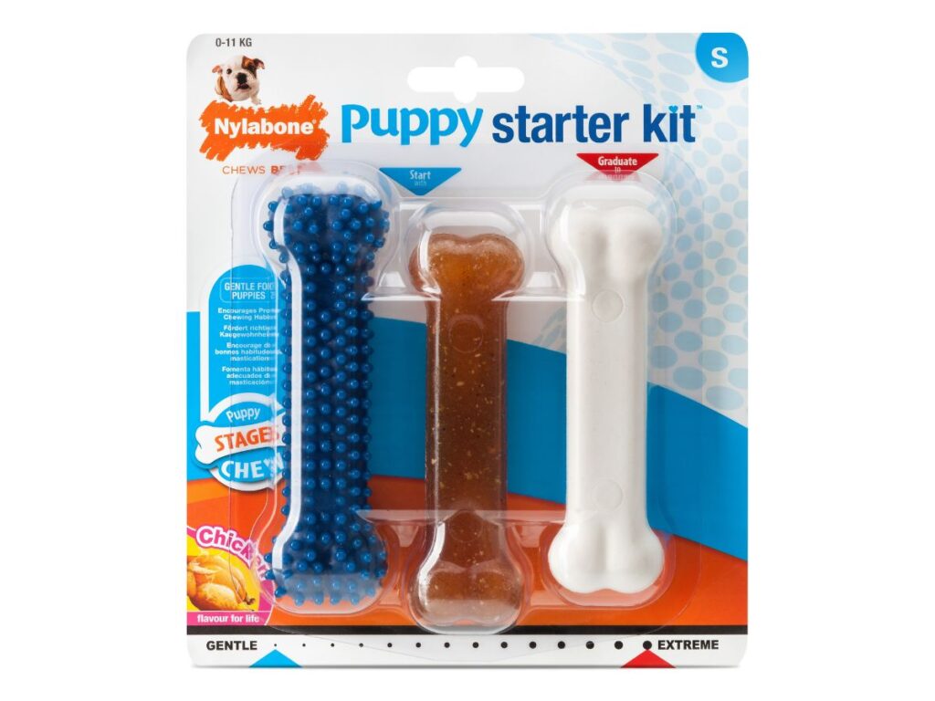 Nylabone Chicken Puppy Starter Kit Triple Pack in packaging