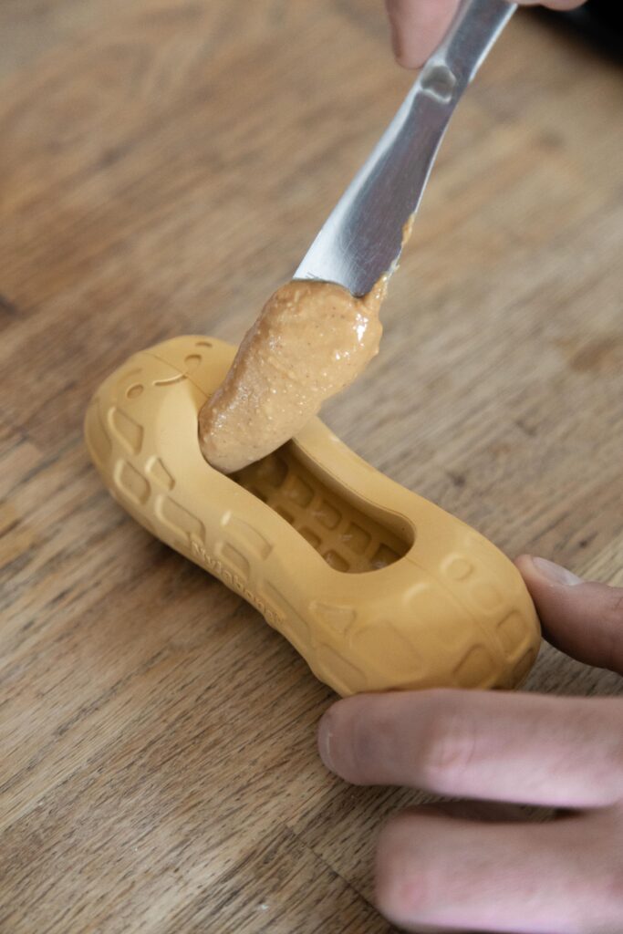 985082EU Nylabone Peanut Butter Strong Chew Treat Toy Medium Lifestyle 10 Peanut Butter Fillable Treat Toy with peanut butter being spread in the middle
