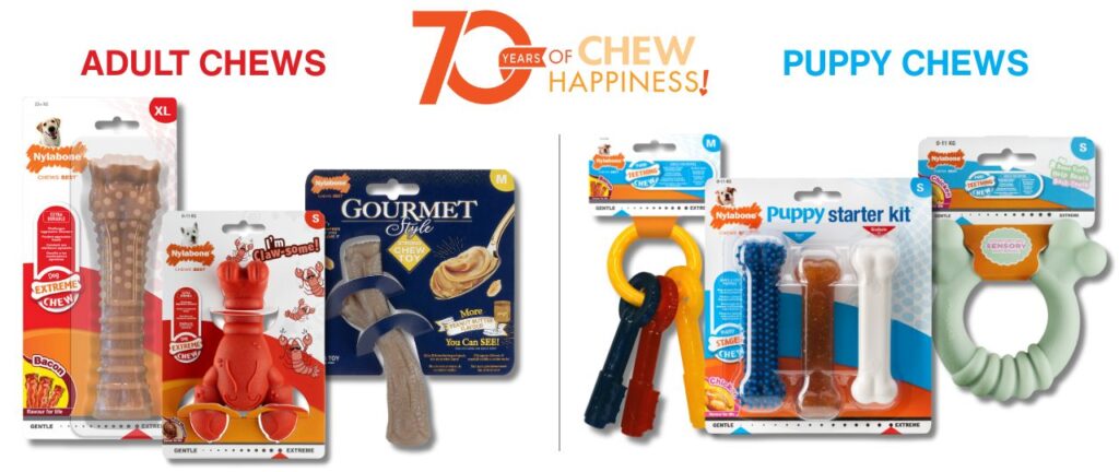 Nyla Website - Where to buy footer image Where to buy Nylabone - an image of a range of Nylabone product images include Adult Chews and Puppy Chews